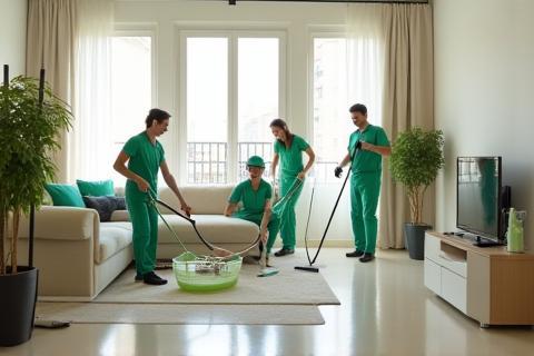Équipe Nettoyage Prestige FR équipée pour l’entretien, réunie dans un salon lumineux à Lyon