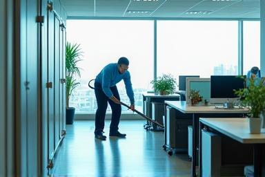 Nettoyage de bureau professionnel à Lyon : espace lumineux et organisé avec une équipe en uniforme
