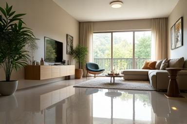Nettoyage d’intérieur résidentiel moderne : maison décorée et propre, sol brillant à Lyon