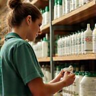 Léa Morel, Spécialiste Écoresponsable, préparant des produits écologiques dans le local entretien